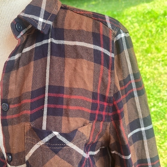 Beach lunch lounge plaid button down, brown blue white red, women’s size XS - Picture 4 of 8